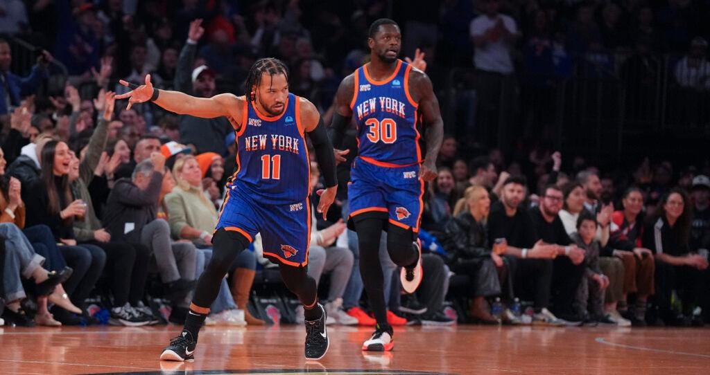 NEW YORK, NEW YORK - NOVEMBER 24: Jalen Brunson #11 of the New York Knicks reacts against the Miami Heat during the In-Season Tournament at Madison Square Garden on November 24, 2023 in New York City. The New York Knicks defeated the Miami Heat 100-98. NOTE TO USER: User expressly acknowledges and agrees that, by downloading and or using this photograph, User is consenting to the terms and conditions of the Getty Images License Agreement. (Photo by Mitchell Leff/Getty Images)
