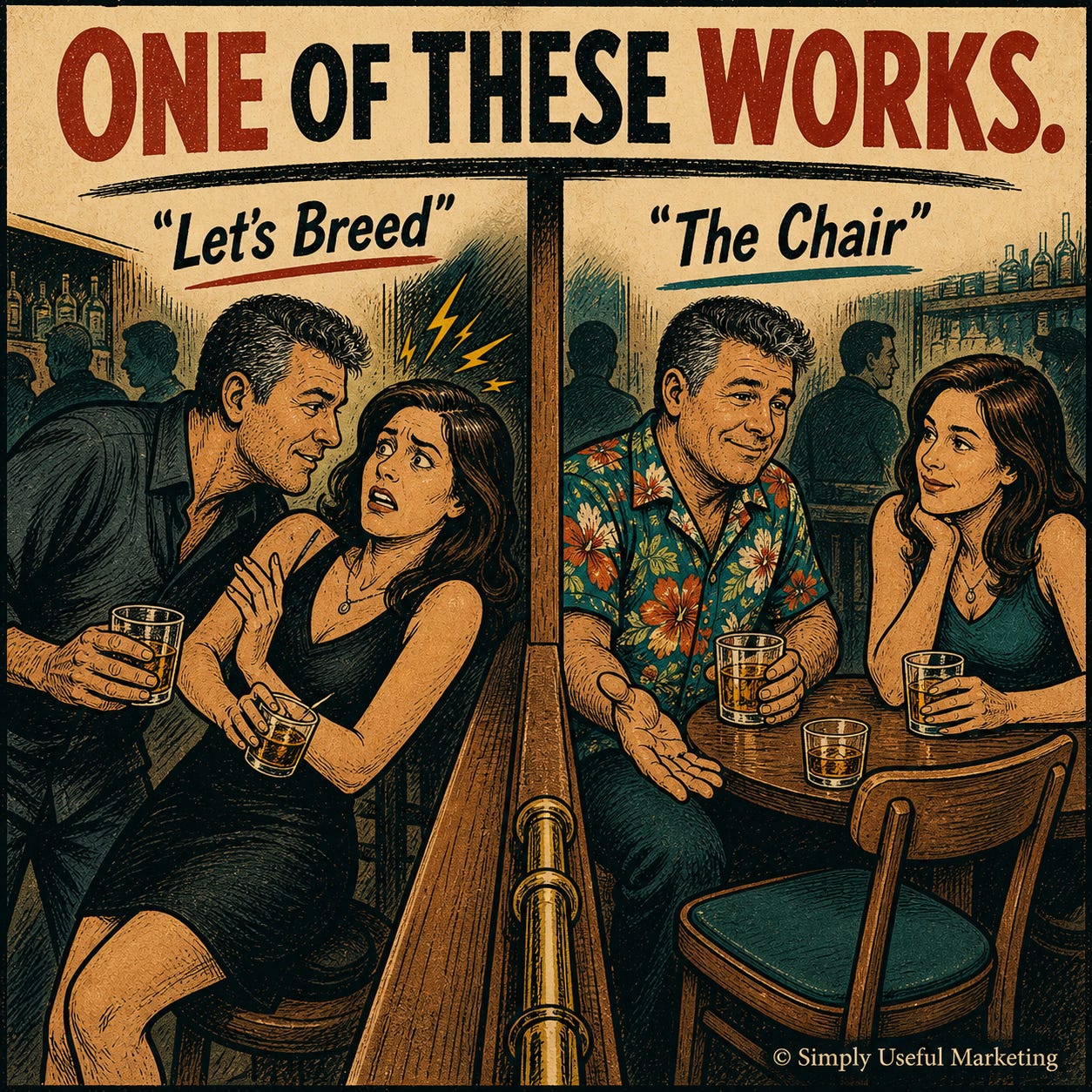 Vintage split-panel bar illustration titled “One of These Works.” On the left, labeled “Let’s Breed,” a man leans too close as a woman recoils; on the right, labeled “The Chair,” a man in an aloha shirt calmly offers an empty seat to a relaxed woman.