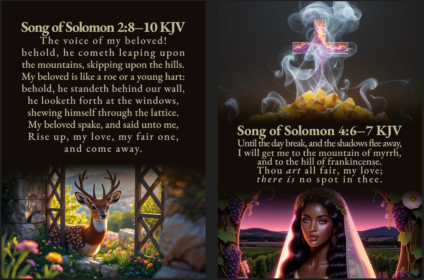 A two-panel card design with verses from the Song of Solomon. The left panel features Song of Solomon 2:8–10 KJV above an image of a young stag looking through a garden lattice. The right panel illustrates Song of Solomon 4:6–7 KJV with a composite image: a cross of smoke rising from frankincense is shown above a portrait of a beautiful bride in a vineyard.