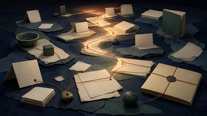 A glowing path weaves through scattered articles, books, envelopes, and string.