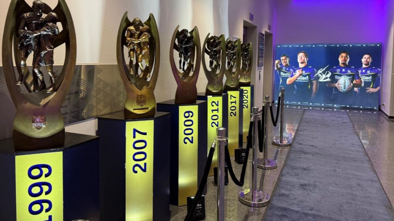 The Storm's six premiership trophies on display at AAMI Park. Photo: X@RossSymons.