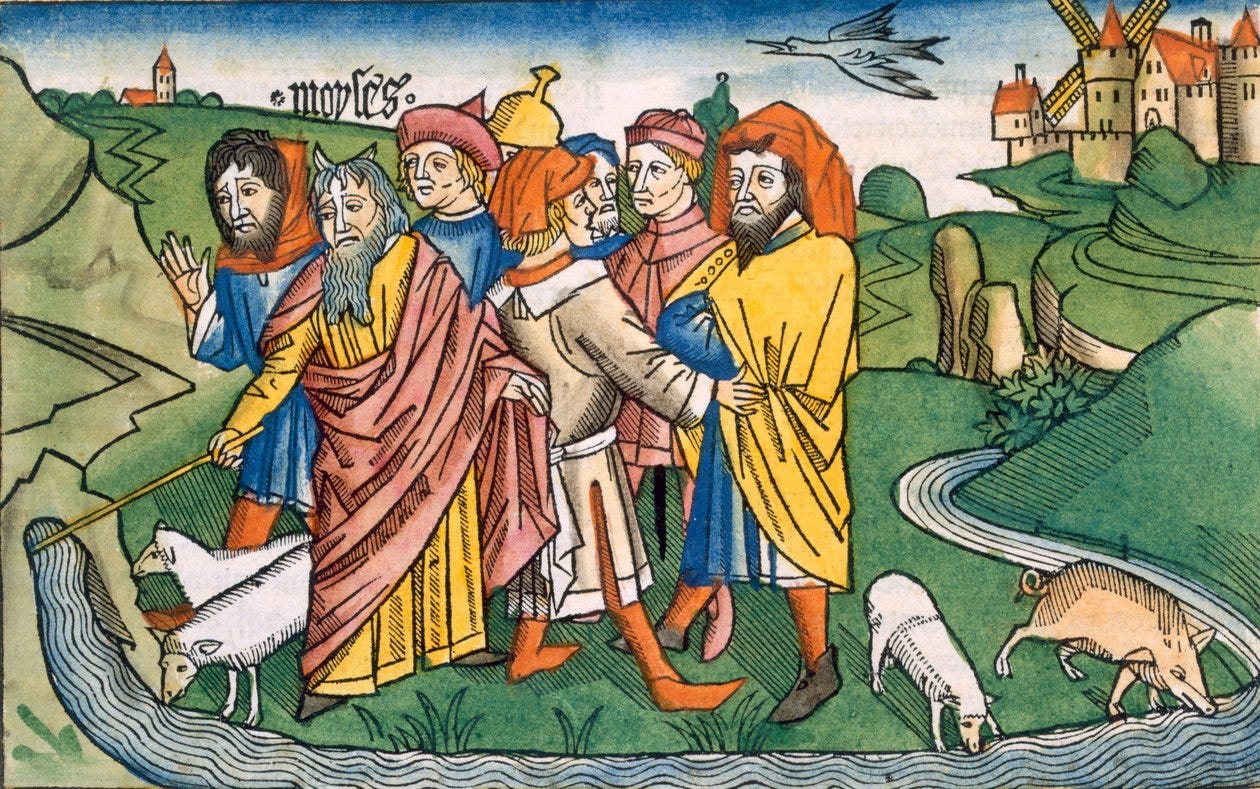 Exodus 17:1-7 Moses makes the water flow from the Rocks of Horeb, from the  Nuremberg Bible