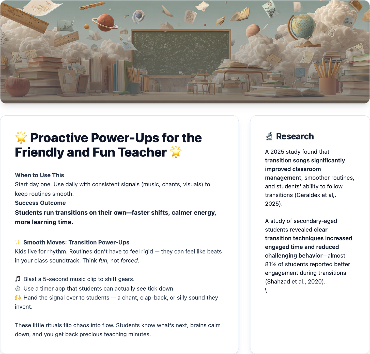 Illustrated classroom strategy card titled “Smooth Moves: Transition Power-Ups,” showing quick teacher tips such as using music clips, visible timers, and student-led chants to guide classroom transitions smoothly.