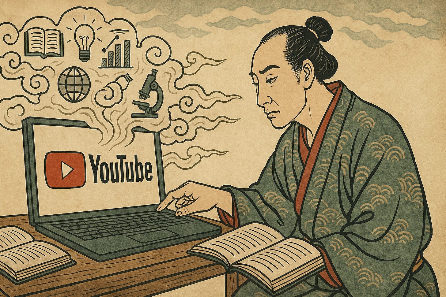 Una persona interactúa con YouTube y le saca todo el conocimiento, ilustrado estilo japonés clásico