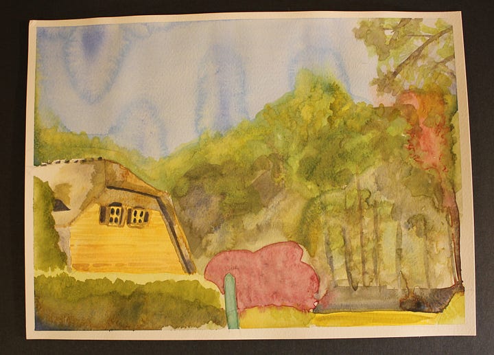 Watercolor landscape of a yellow cottage surrounded by green trees, with a pink bush in the foreground under a blue sky. | Watercolor painting of a countryside cottage with red bush and dense green trees under a pale blue sky.