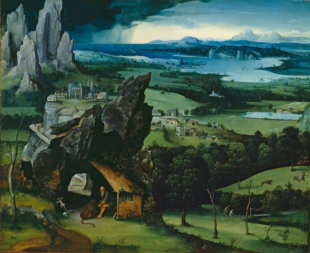 Landscape with St Jerome, 1515–1519, oil on panel, 74 × 91 cm (29.1 × 35.8 in), Prado, Madrid