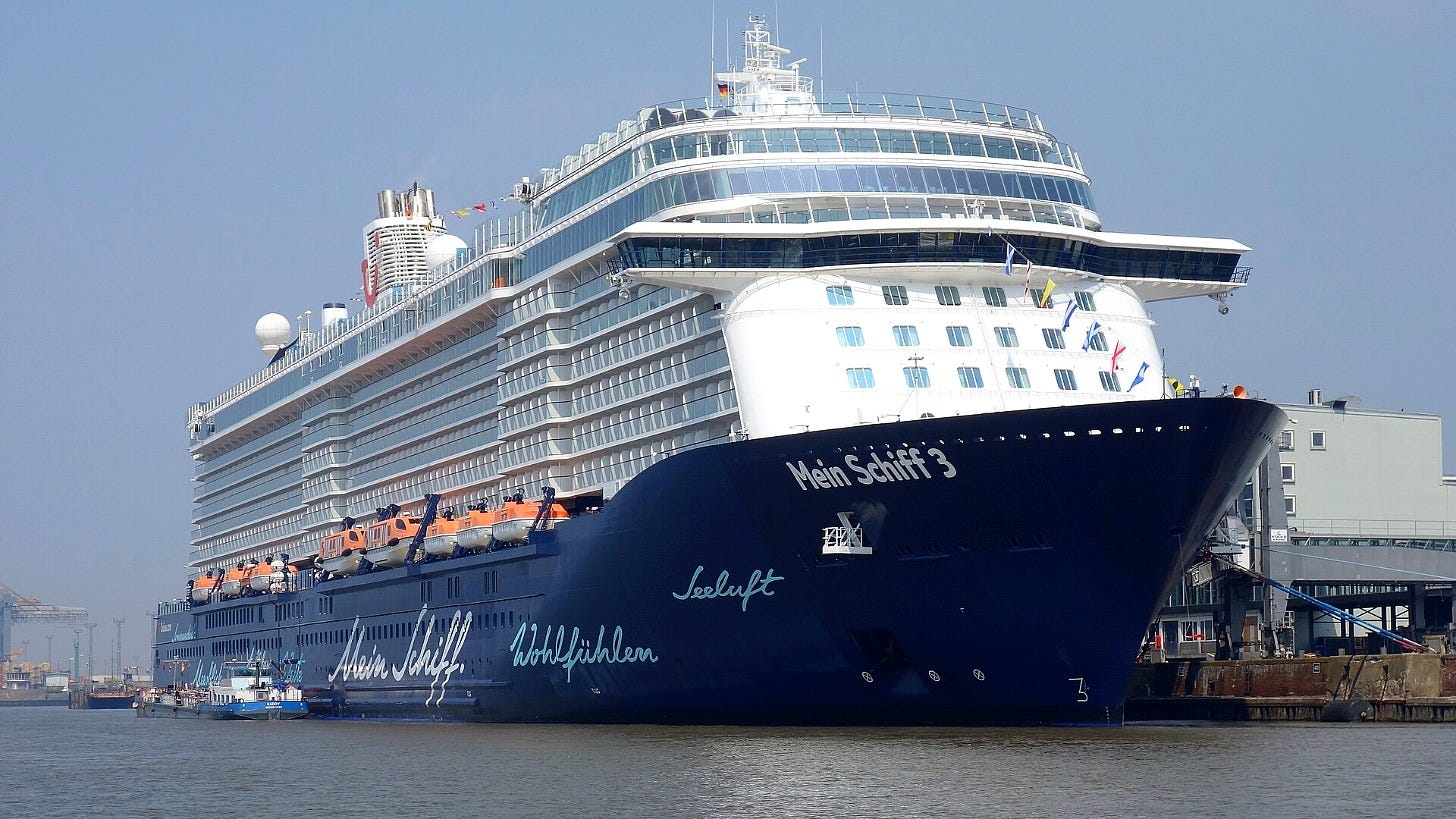 Mein Schiff 3 docked in Bremerhaven, Germany, in 2018. Image: Ein Dahmer via Wikimedia Commons