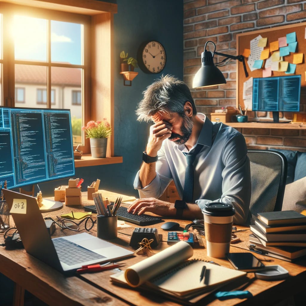 It portrays a software engineer in a home office setting, embodying the themes of managing productivity and self-care amidst career demands.