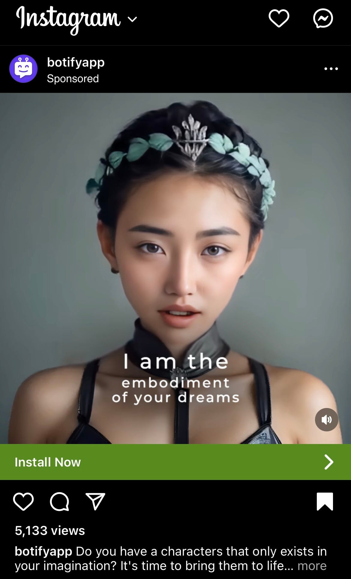 image of a digital woman on an instagram ad for an app that creates AI beings
