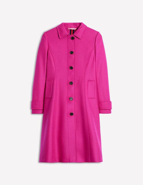 A pair of silver metallic jeans, a bright pink wool coat, and a pair of gold leopard earrings.