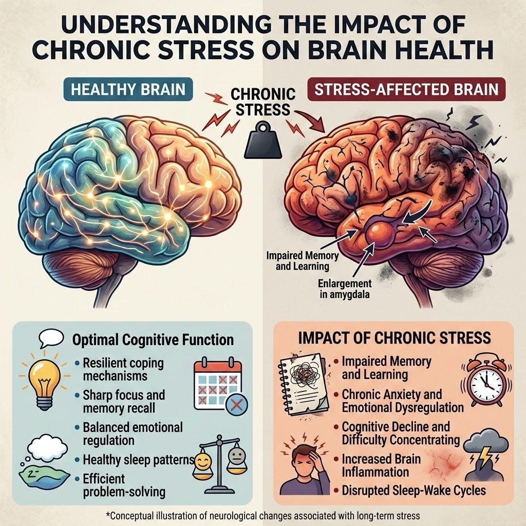I need a picture to illustrate the impact of chronic stress on the human brain, i.e. poor brain health. 