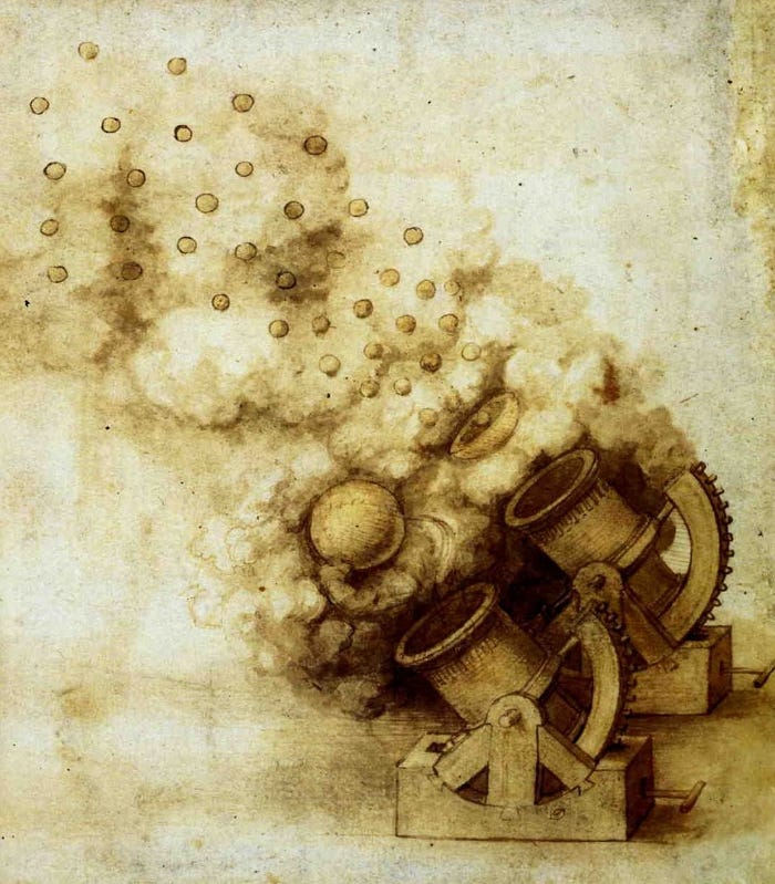 Leonard da Vinci's design for two cannon with exploding shells.