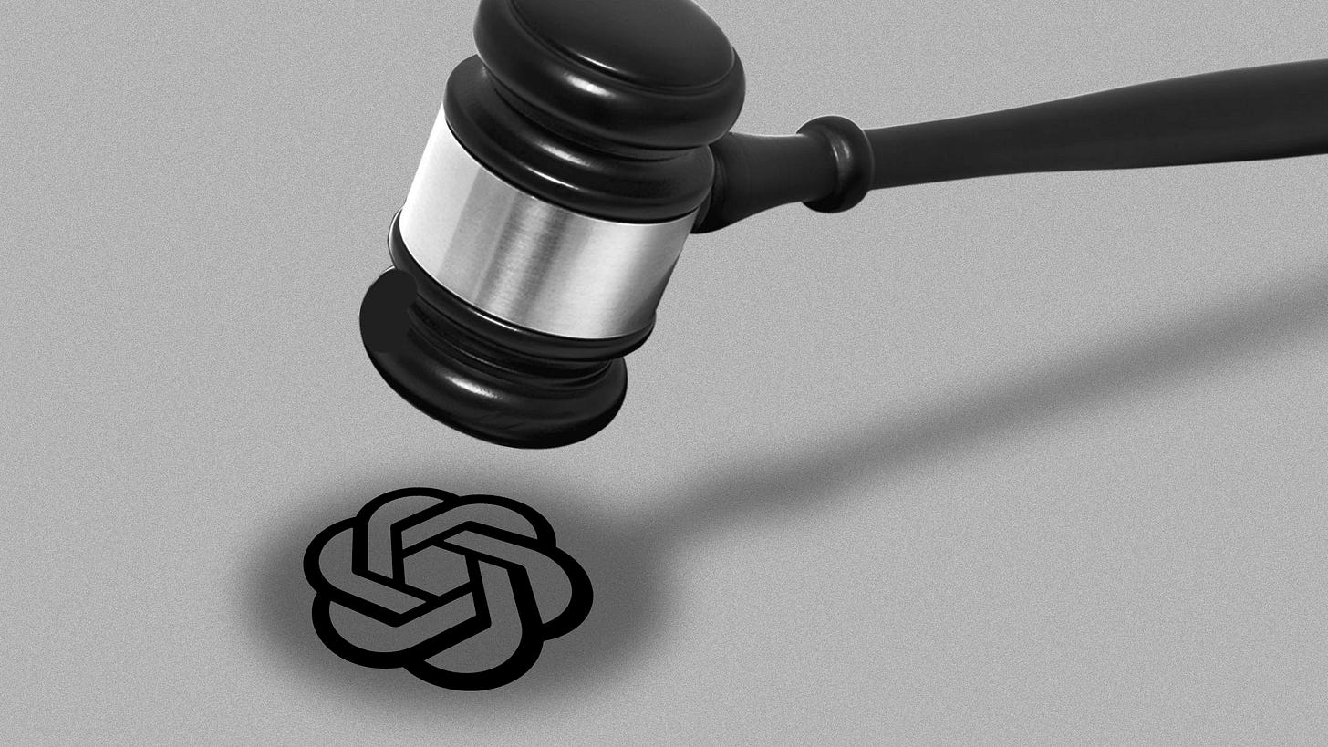 Illustration of a gavel hovering over the openai logo