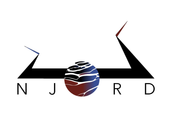 A red / blue / black circle with white lines that look like a planet and a horizontal black line that goes through the circle and bends at a sharp angle first towards the circle and then from it. Njord is spelled below the line with the circle as O.