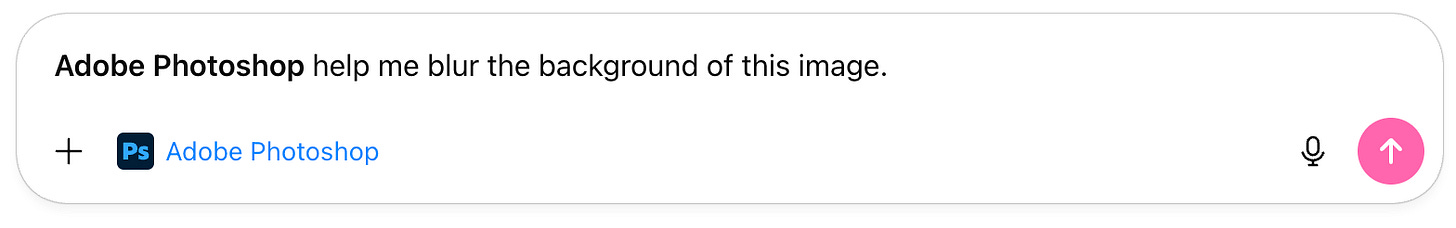A screenshot of a ChatGPT message input box with the prompt “Adobe Photoshop, help me blur the background of this image.” The Adobe Photoshop app icon appears beneath the text, indicating the selected tool.