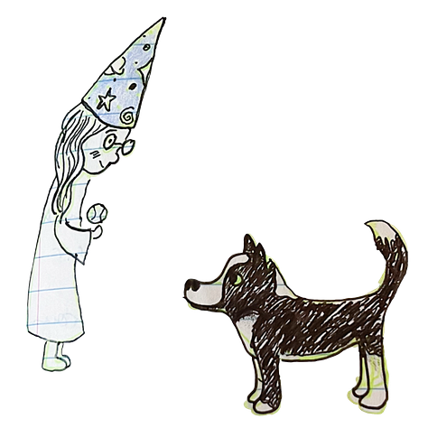 a trio of wizard frankies, one holding a ball in front of a black and white dog, one in a pair of wizard frankies looking up at the moon, one sitting dejectedly next to a text bubble that says "I just have so much yearning"