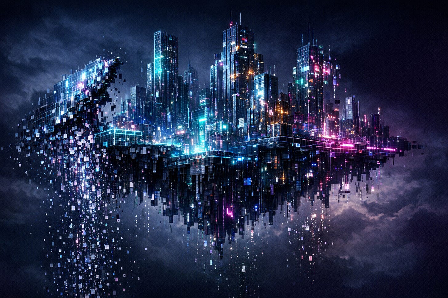 A floating digital city suspended in dark clouds, its edges dissolving into cascading pixel fragments falling like digital ash