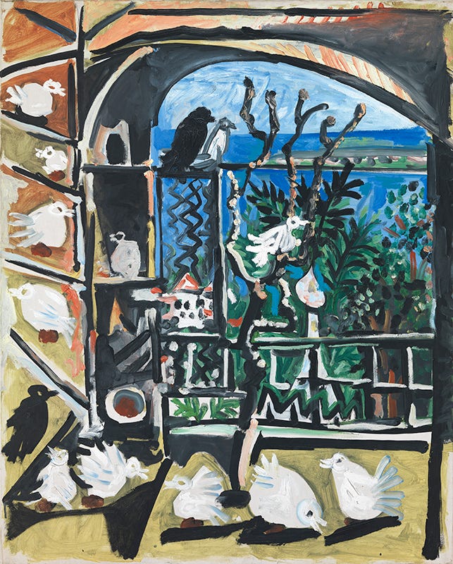 Pablo Picasso painting of white pigeons perched on a balcony railing overlooking a blue seascape