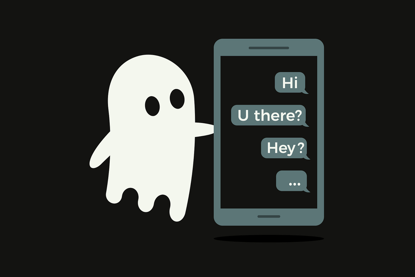 Ghost holding a phone with text messages reading "U there?" etc.