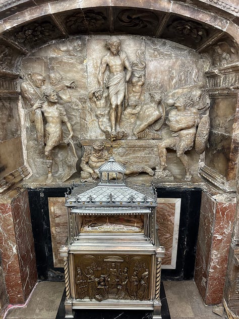 left: the preserved left arm of Saint Vincent the Martyr (San Vicente Mártir); middle & right: interior of Valencia Cathedral
