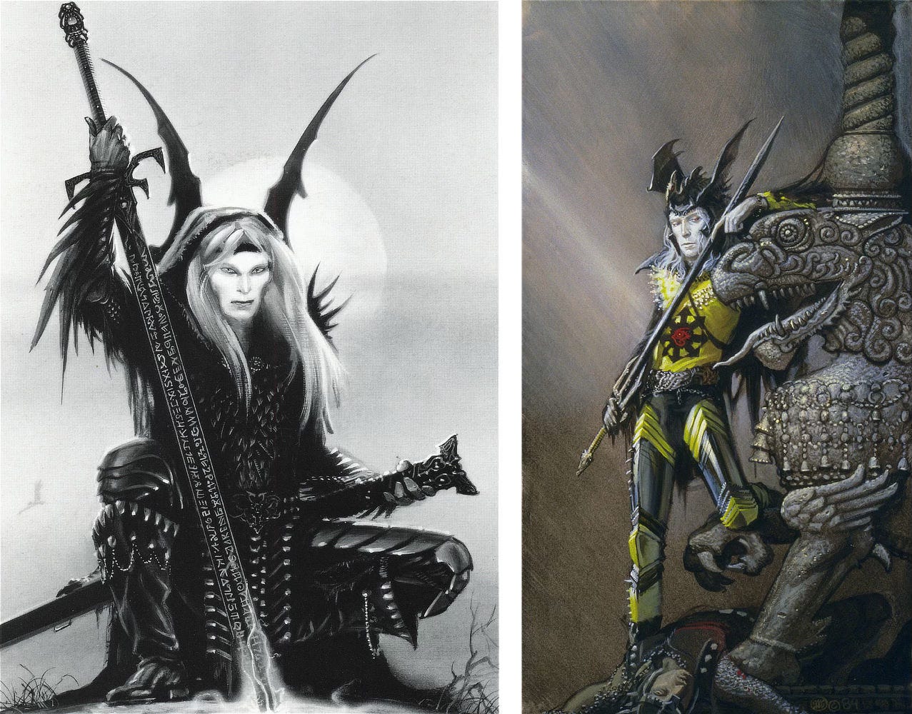 LEFT: THE WANDERER, a detailed black and white concept rendering for ELRIC AND THE SINKING CITY featuring the albino prince dressed in full black. He's squatting with the long rune etched blade of Stormbringer piercing the ground in front of him. Stretched sparks of energy carry into the earth and the end of the blade is cloaked in a hazy mist. With his offhand, he grasps an intricately detailed scabbard hanging at his hip to keep its length from dragging in the dirt. The segmented plates of his leg armor gleam, reflecting light. Tufts of black fur cover his chest. Wicked spikes protrude from vambraces and pauldrons. Long straight white hair spills down framing a slender face and high chiseled cheek bones. His eyes are narrowed in an intense stare.  RIGHT: Preliminary concept for ELRIC AND THE SINKING CITY (1984) by Michael Whelan. Elric rests an arm on a demon statue that resembles a temple dog. With Stormbringer angled up, he delicately fingers the black runeblade. Beneath his signature black dragon helm, he casts eyes askew in a haughty glance. His yellow tunic bears the chaos star, eight arrows radiating out from a point. At the center is a stylized red eye. His legs armored in shiny plate painted yellow at the joints. His knee rests on the forelimb of the statue. At his feet lies the body of a dead warrior in bloodied chainmail.