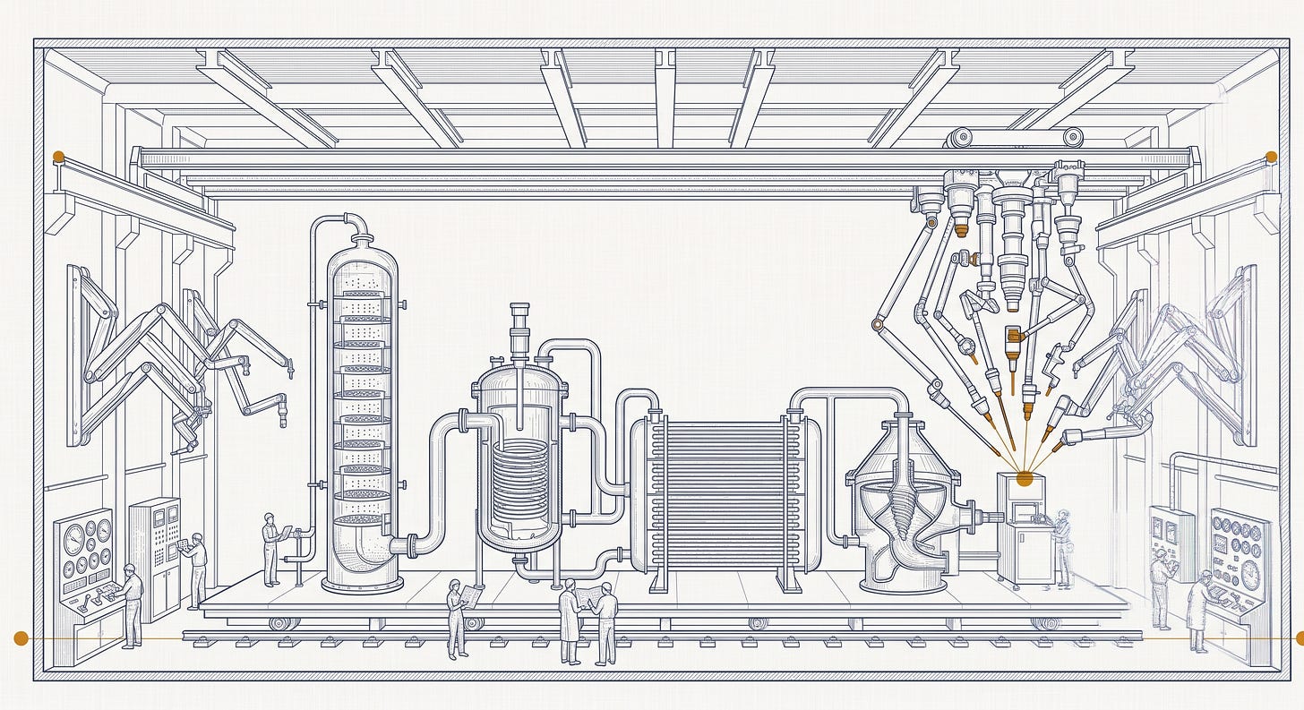 Precision technical illustration of a vast inspection bay seen in cross-section, with a five-stage industrial processing line — a tall column with stacked trays, a cylindrical reactor, a heat exchanger, a separator, and a small labeling terminal — running along a calibration platform on rails. A dense cluster of articulated precision instruments converges on the small terminal at one end, with amber-gold marking the convergence; the four larger stages stand fully visible and untouched. Articulated inspection arms are folded and stowed against the side walls, and small human figures staff analog consoles at the bay's edges and consult documents at the platform.