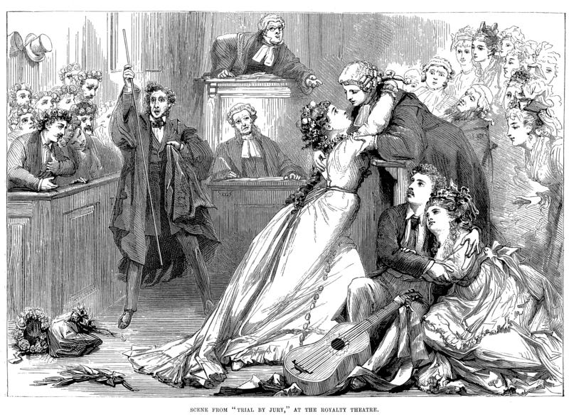 Per Wikipedia: ' An engraving by D. H. Friston of Gilbert and Sullivan's Trial by Jury, shortly after its première' Per Wikipedia: ' An engraving by D. H. Friston of Gilbert and Sullivan's Trial by Jury, shortly after its première'