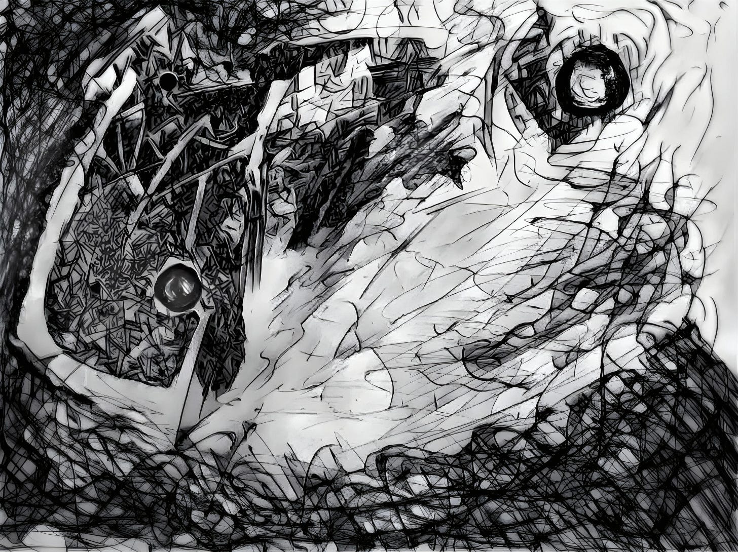 Black‑and‑white abstract illustration with dense, energetic linework forming a diagonal, vortex‑like composition. At lower left, a dark textured mass of crisscrossing strokes holds a circular “eye” shape; at upper right, a second dark circle with a faint face‑like suggestion seems to watch from the chaos. The center is lighter, with scratched, wind‑like lines sweeping across an ambiguous organic or landscape form, while the edges are heavily cross‑hatched, enclosing the scene. The drawing uses gestural, expressionist mark‑making, recalling abstract expressionism and artists such as Franz Kline for its high‑contrast black and white drama and Cy Twombly for its scribbled, calligraphic energy ���. Themes include sensory overload, psychological turbulence, and the feeling of consciousness or witness figures embedded in swirling disorder