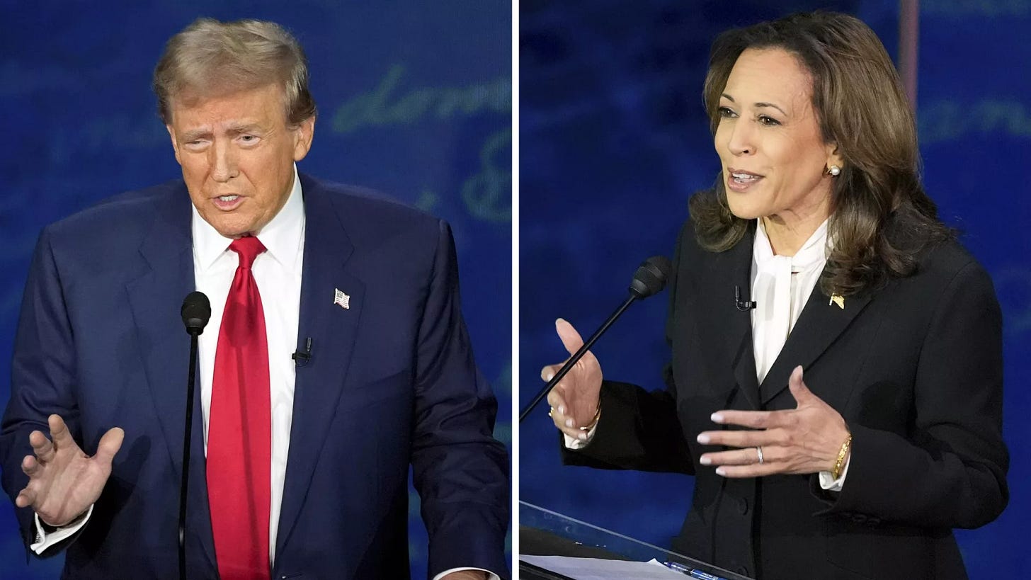 This combination of photos shows Republican presidential nominee former President Donald Trump, left, and Democratic presidential nominee Vice President Kamala Harris during an ABC News presidential debate at the National Constitution Center, Tuesday, Sept. 10, 2024, in Philadelphia.  - Sputnik International, 1920, 27.10.2024