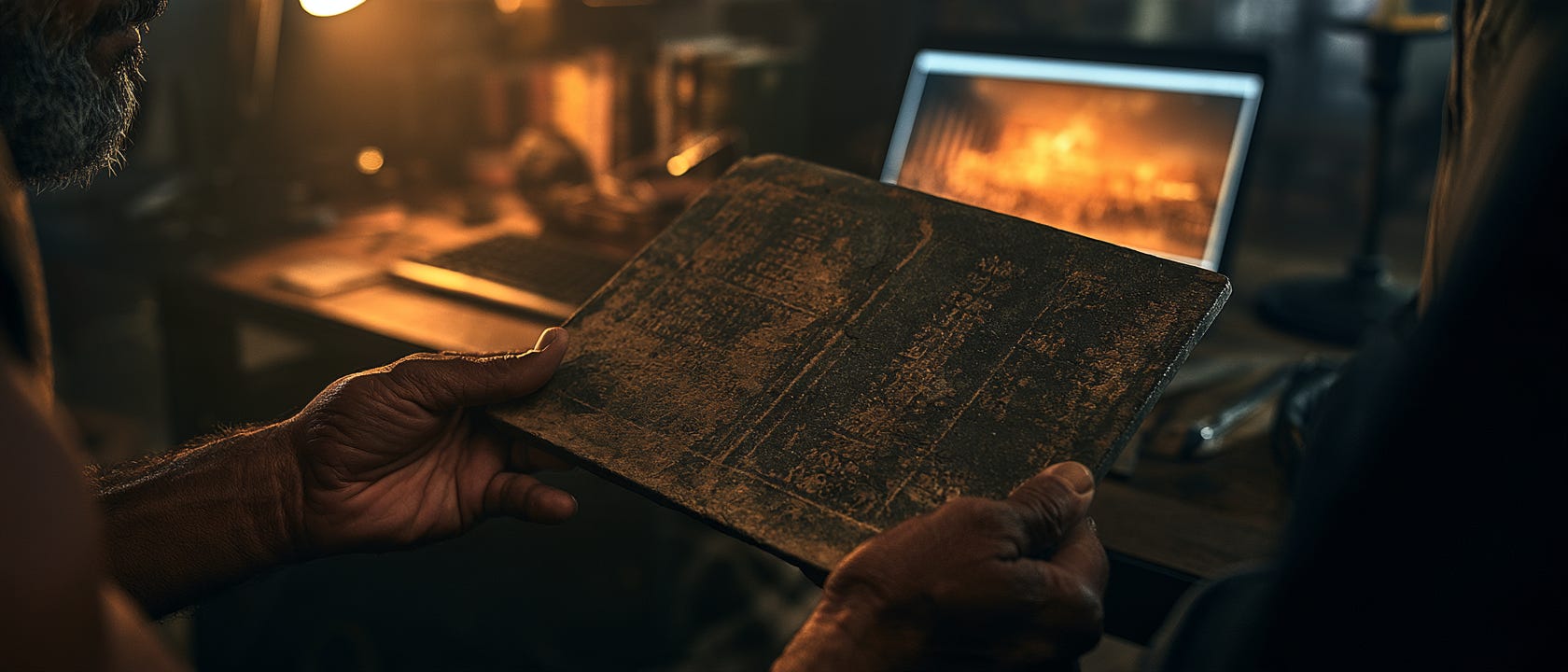 Close-up of weathered hands holding an old stone ledger tablet 
