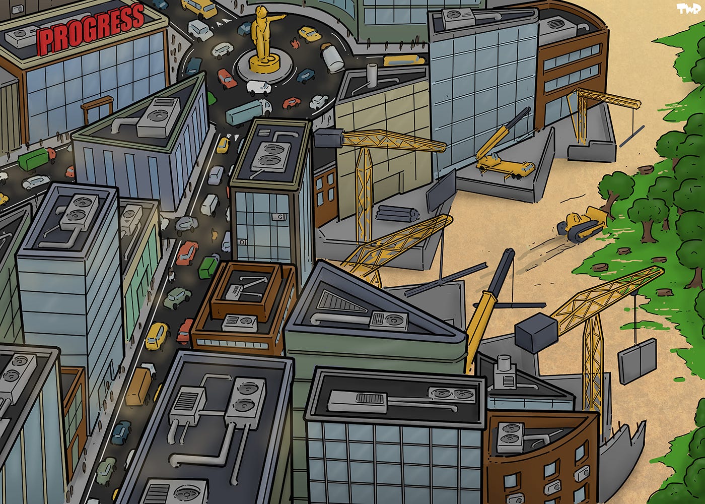 Cartoon showing an urban sprawl with high rises and large roads clogged with cars. One building has the word 'PROGRESS' in big red letters on the roof, and all the buildings have large air condition installation on their roofs. At the end of the sprawl we see cranes building new buildings, while trees are cut down and nature is demolished to make room for urban expansion. The urban area has the shape of a giant head with a gaping mouth, with a large roundabout where all the roads converge forming the eye, while the teeth are formed by the cranes and the buildings under construction.