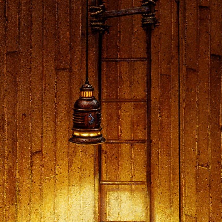LEFT: Detail from BLUE WHALE featuring a young woman gripping the rung of a wooden ladder with one hand as she looks down the rope she’s hauling. The rung immediately above her is broken but she doesn’t see it.  RIGHT: Detail from BLUE WHALE featuring the lantern farther down the shaft. A tiny blue whale decorates the side panel of the brass lamp. The circle of illumination cast from the bottom is cut off at the lower edge of the panel. The ladder is cobbled together with rope tying two segments together.