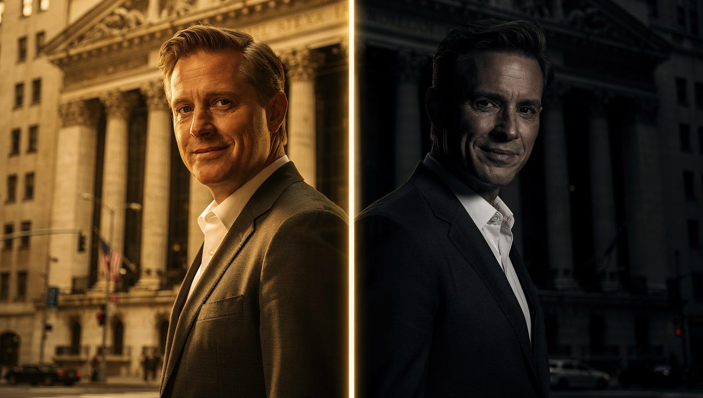 Cinematic editorial photograph, two identical suited figures standing back to back in a dramatic split scene, one side bathed in clean golden light representing legitimate speculation, the other side shrouded in dark shadow with a sinister expression representing manipulation, the dividing line between them is razor sharp and glowing, Wall Street building visible in background, chiaroscuro lighting, photorealistic, financial thriller aesthetic, deep gold and charcoal palette, no text, no watermarks, 16:9