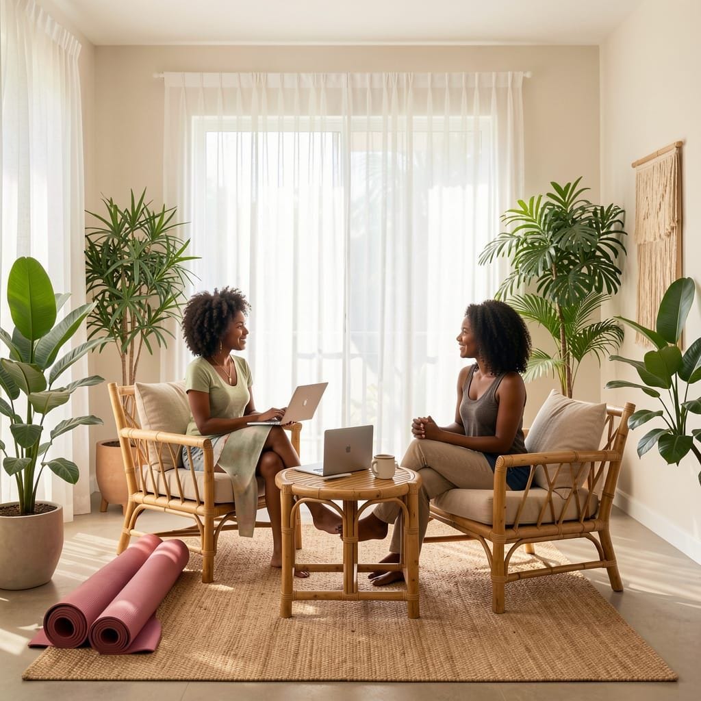 A vibrant Caribbean consulting room with soft, natural lighting filtering through sheer curtains. The space features war...