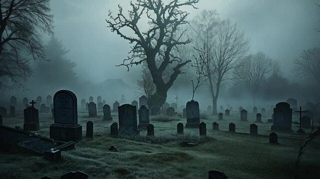 Cemetery Gate Ghostly Figure Spooky Graveyard Vulture Man Zoom In. Creepy  ghost vulture figure standing on a haunted cemetery Entrance at night under  full moon. Zoom in