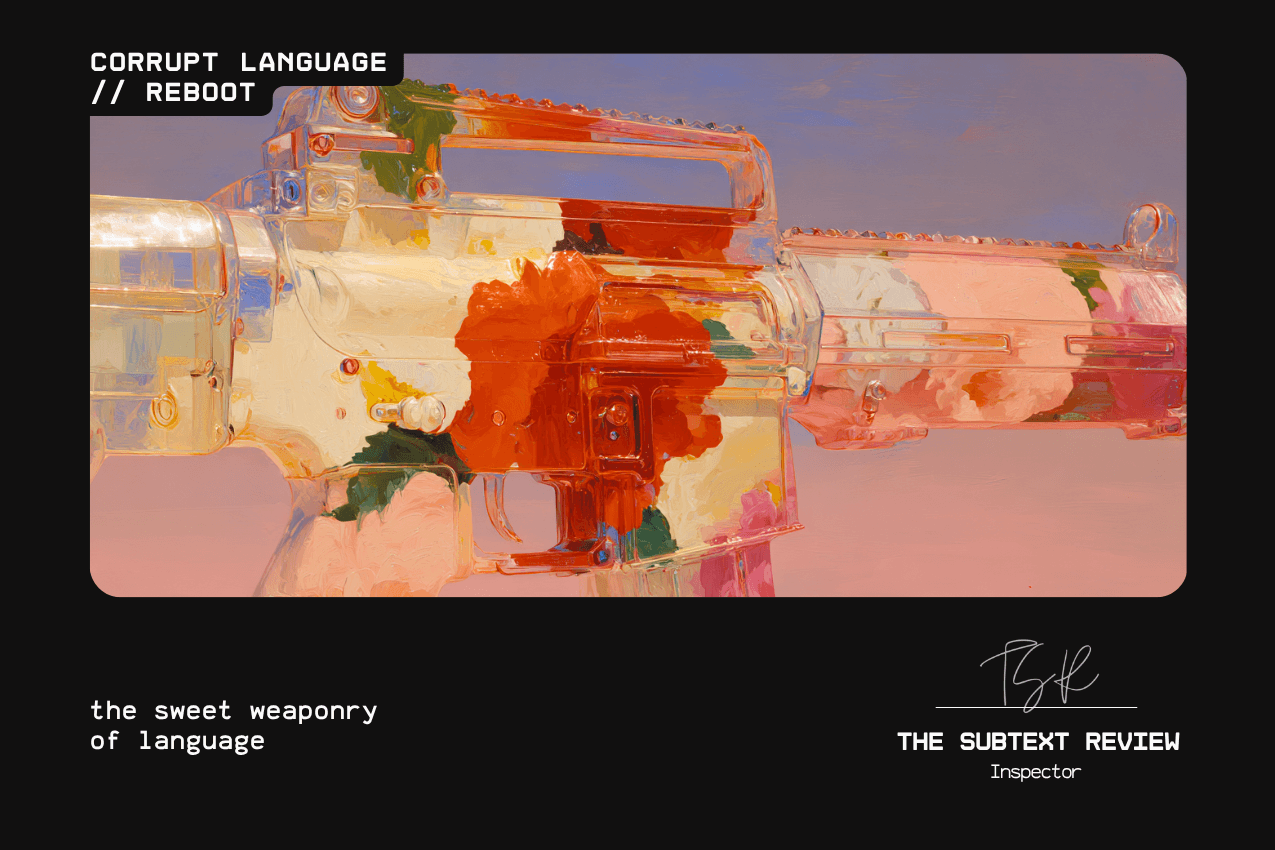 A close-up of a rifle rendered in a translucent, glass-like material, filled with vibrant, impasto-style floral oil paintings in reds, pinks, and yellows. Below, the text reads "the sweet weaponry of language." Part of the Corrupt Language // Reboot series at The Subtext Review. A close-up of a rifle rendered in a translucent, glass-like material, filled with vibrant, impasto-style floral oil paintings in reds, pinks, and yellows. Below, the text reads "the sweet weaponry of language." Part of the Corrupt Language // Reboot series at The Subtext Review.