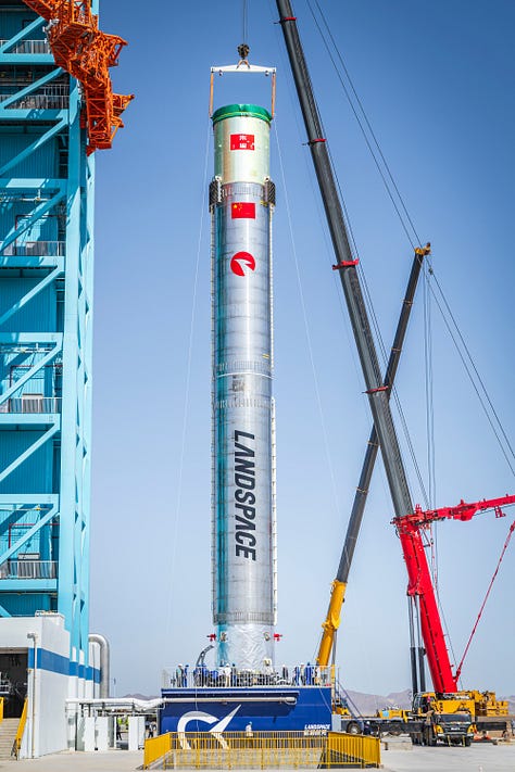 The Zhuque-3 first-stage booster test article ahead of the static fire test.