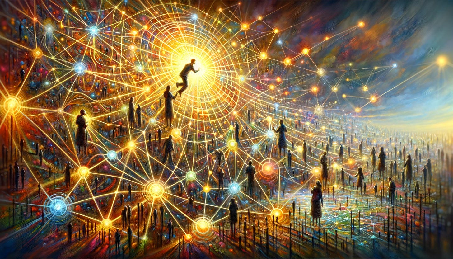 In a wide, oil-painting style artwork, envision a bustling and vibrant network graph sprawling across the canvas, symbolizing a complex web of social connections. At the epicenter, a dynamic figure takes center stage, embodying the role of a matchmaker. This person is intricately weaving glowing threads that connect disparate nodes, signifying individuals, thus actively facilitating and nurturing relationships. As this central figure diligently works, new connections sprout, highlighting clusters of closely-knit communities that emanate warmth and vibrancy. The scene bursts with life, depicting the transformation of the social fabric into a more interconnected, lively tableau. The artwork brims with colors, capturing the essence of dynamism and the profound impact of building bridges and fostering connections within a community.