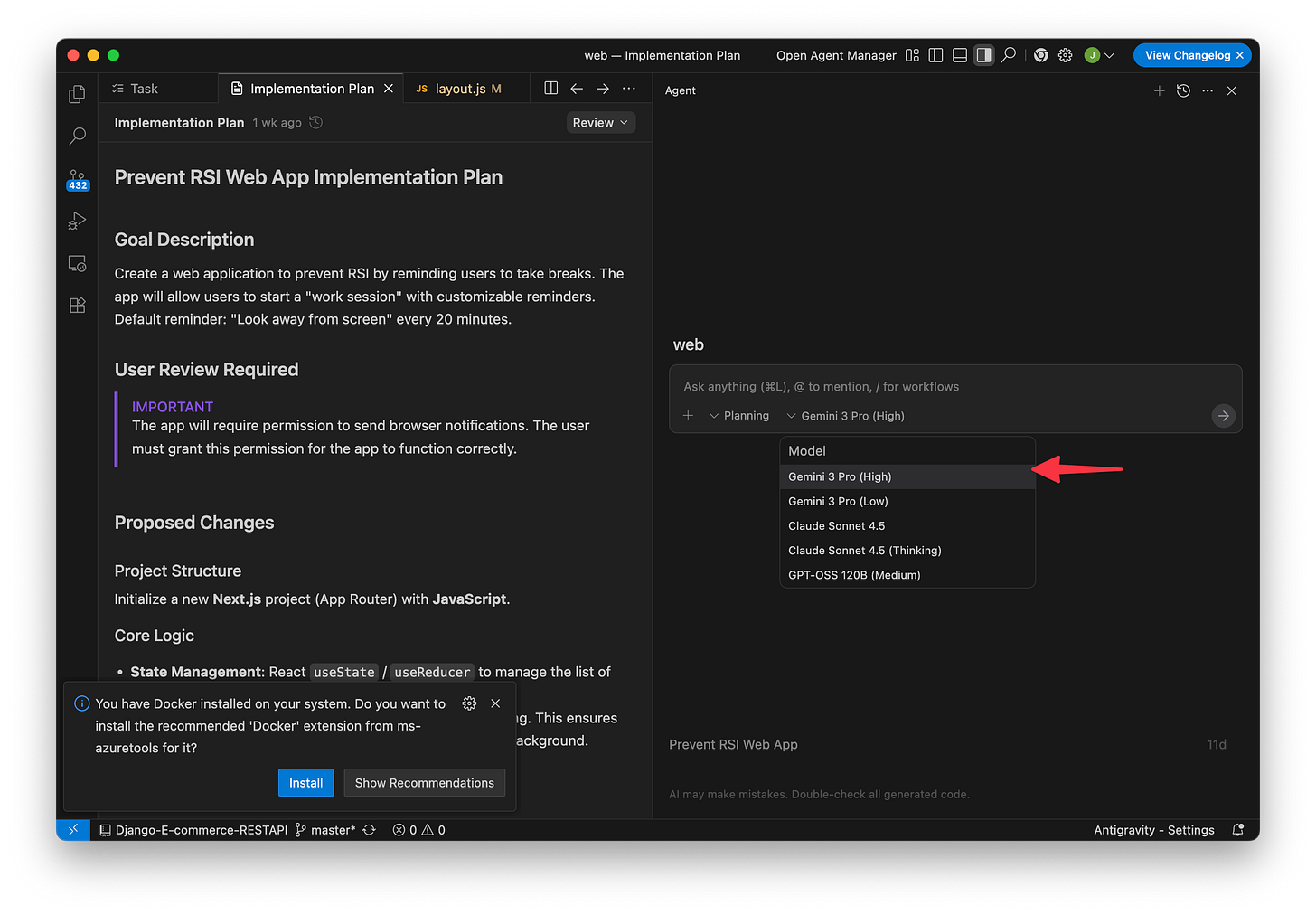 Google Antigravity on an existing project with an arrow pointing to the model selector