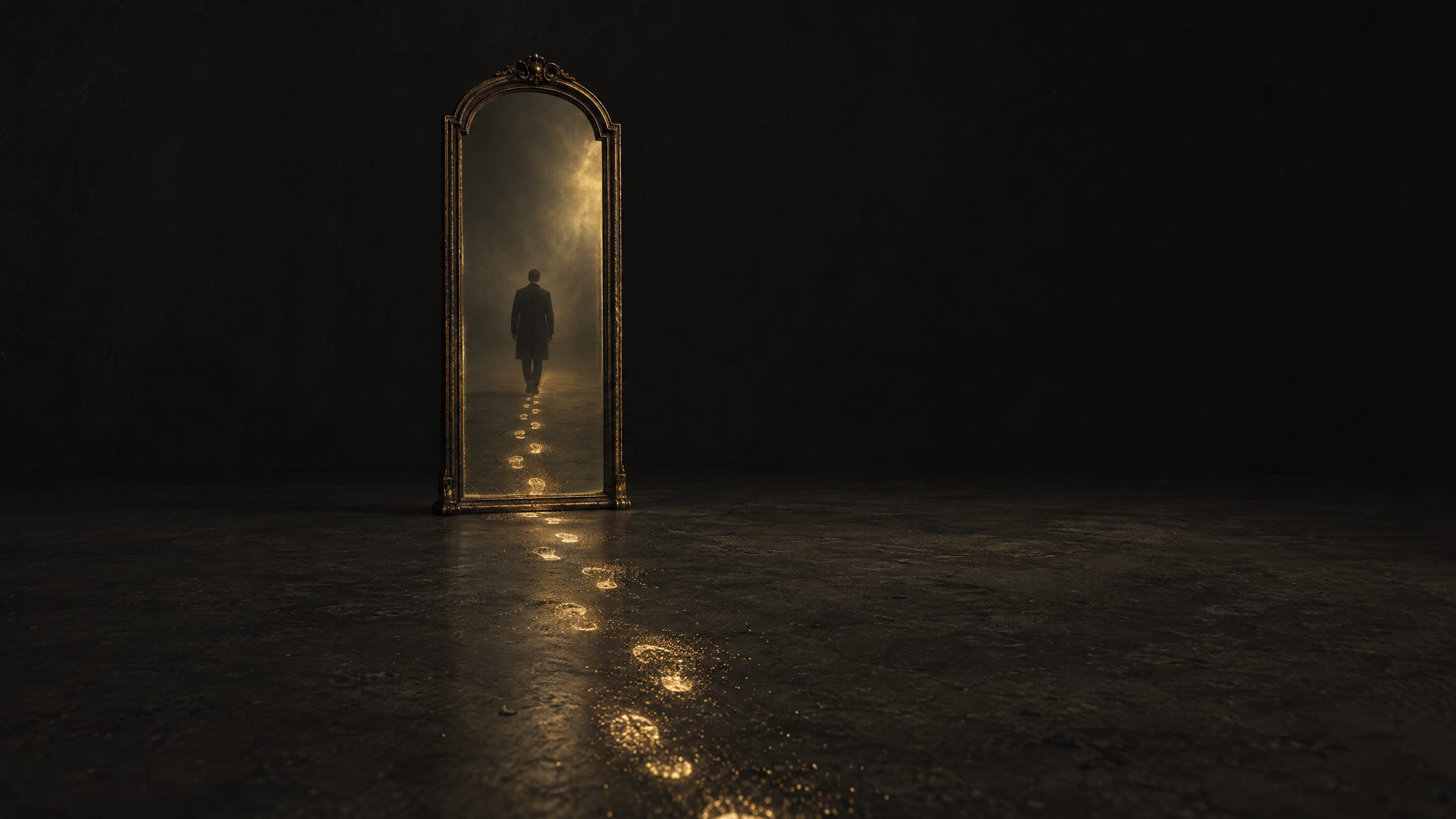 A tall gold-framed mirror stands alone in a dark, empty room. Glowing gold footprints cross the floor and lead into the mirror. Inside it, a man in a dark coat walks away into soft light.