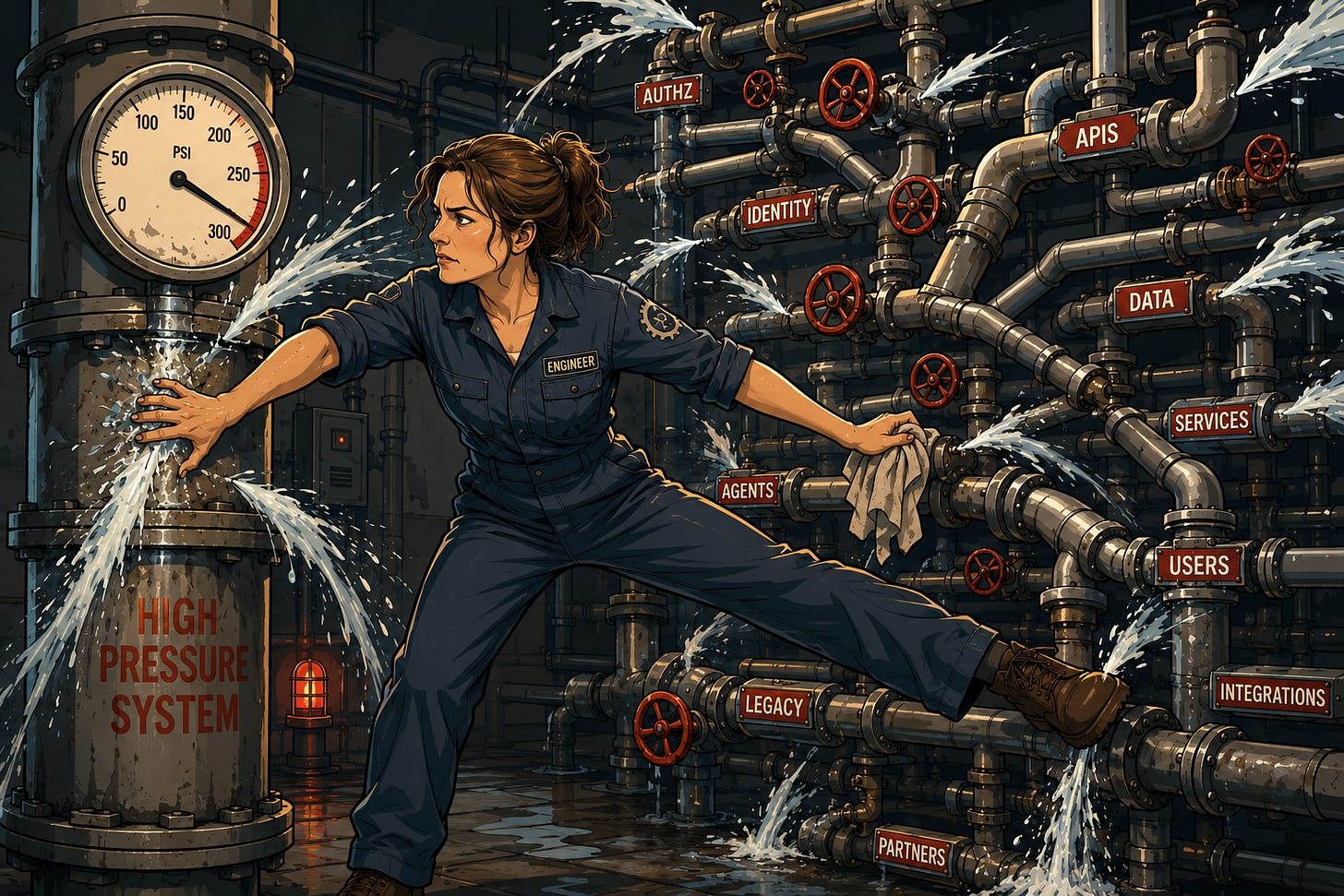 An engineer trying to hold back a high-pressure system springing leaks from every joint An engineer trying to hold back a high-pressure system springing leaks from every joint