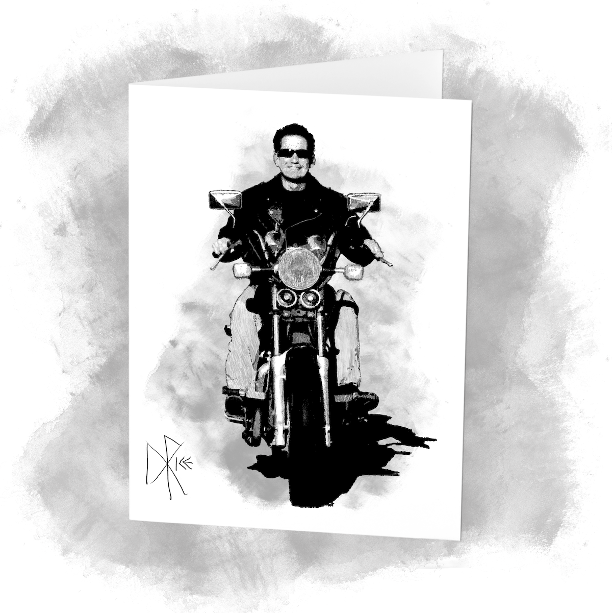 A smiling helmetless man wearing a leather jacket while riding a motorcycle. Sketch art by Don Rice. A smiling helmetless man wearing a leather jacket while riding a motorcycle. Sketch art by Don Rice.