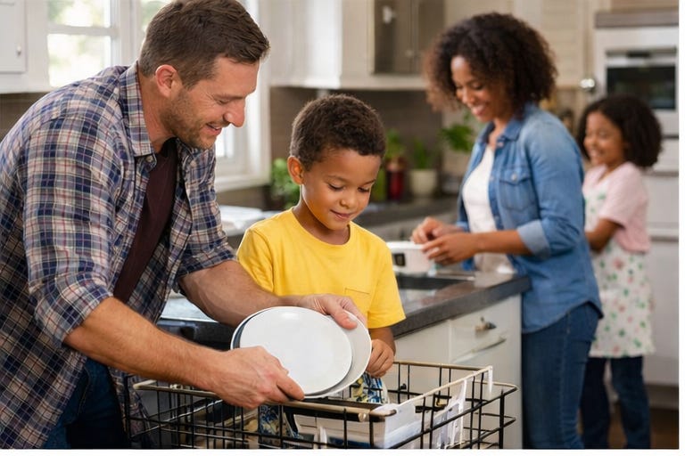 parent teaching child responsibility through everyday household chores