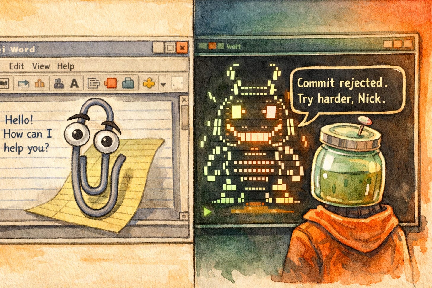 On the left, a faded Clippy-style assistant lingers inside an old Word document window. On the right, Nicholas’s signature jar-head character stares at a sleek Ubuntu-style terminal where a glowing ASCII Buddy snaps, “Commit rejected. Try harder, Nick.”