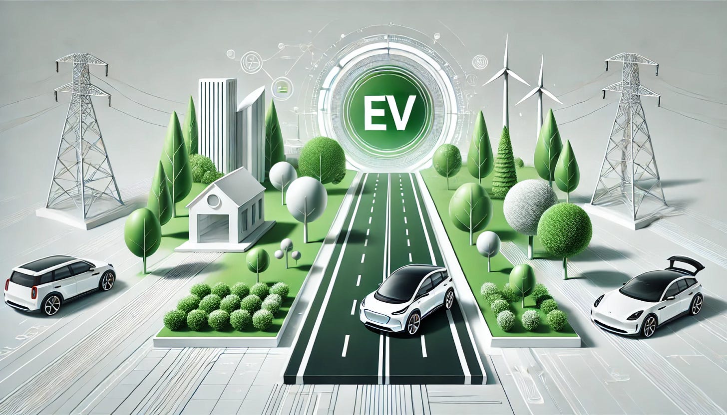A graphic illustration of a clean, modern road leading toward a large, prominent electric vehicle (EV) icon in the distance. Alongside the roadway are elements of nature, such as trees and green landscapes, and small futuristic cities with sleek buildings. The image is designed with a modern and forward-looking aesthetic, using colors like white, green, and silver to symbolize sustainability and a tech-driven future.