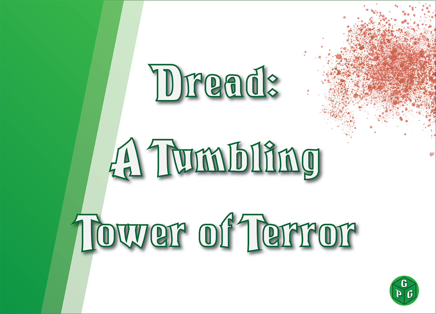 Title of the article with a green border. Background is white with a single blood splatter in the upper right.