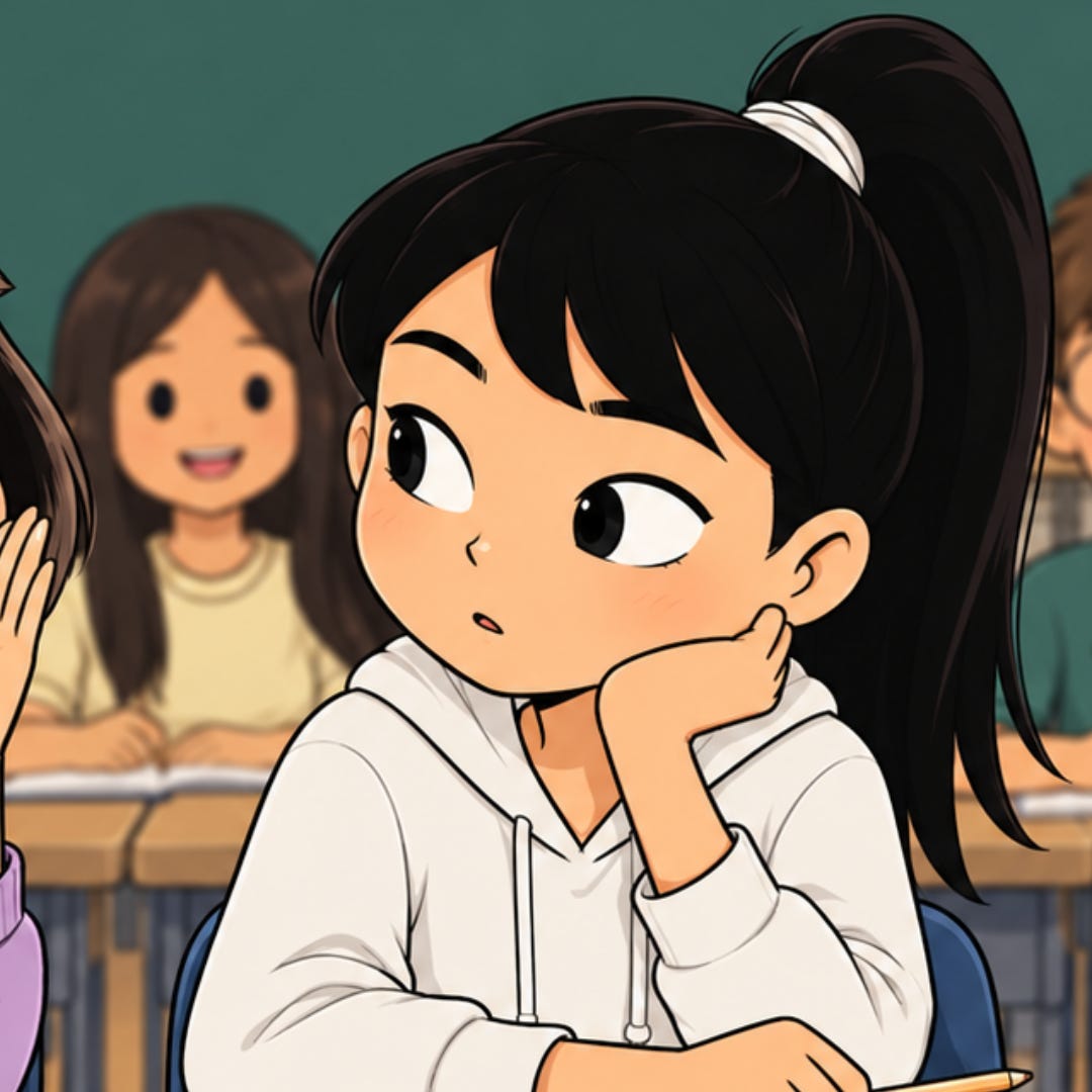 Zara and Aari whisper together during class.