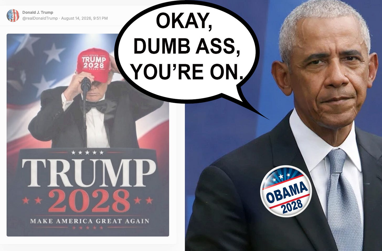 On the left: Trump Truth Social post showing 'Trump 2028'. On the right, Obama 2028 campaign stuff