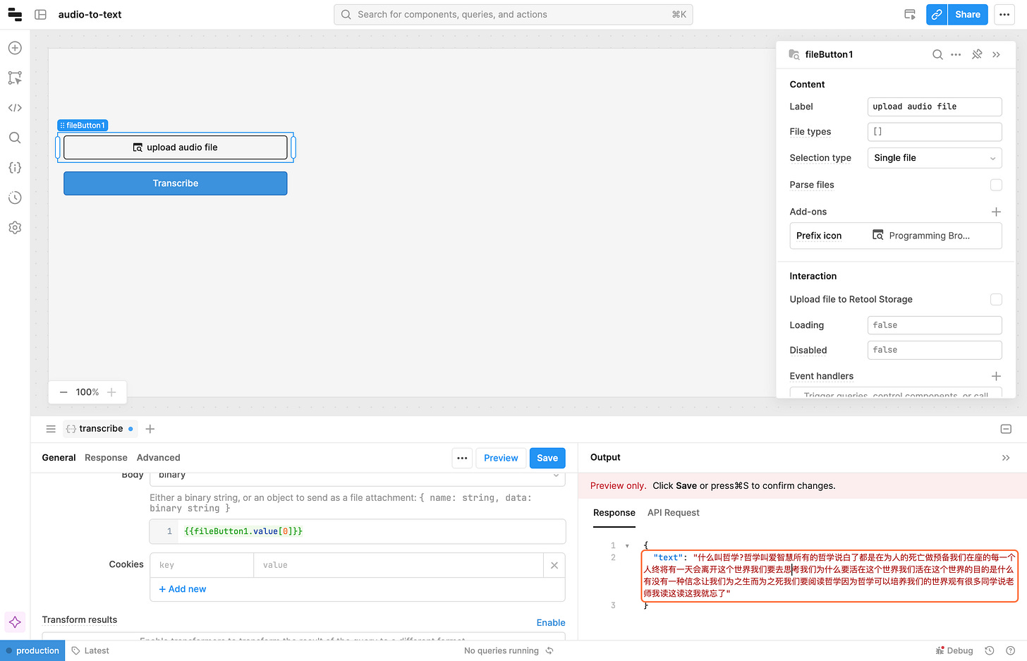 this is api response, we successfully transcribed the audio to tex