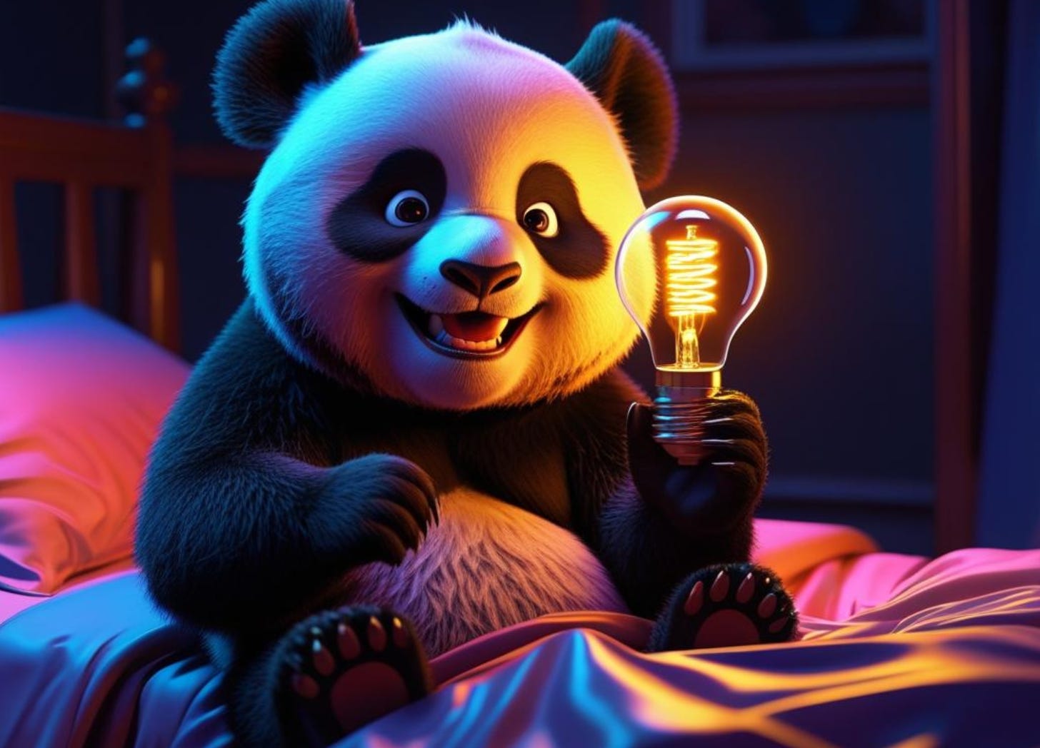 illustration of a happy cartoon panda holding a small lit lightbulb in a dark bedroom